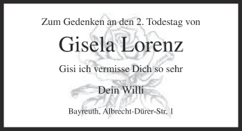 Anzeige von Gisela Lorenz von Nordbayerischer Kurier