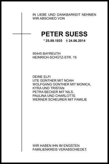 Anzeige von Peter Suess von Nordbayerischer Kurier