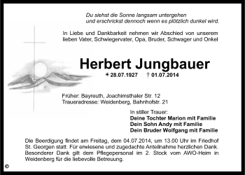 Anzeige von Herbert Jungbauer von Nordbayerischer Kurier