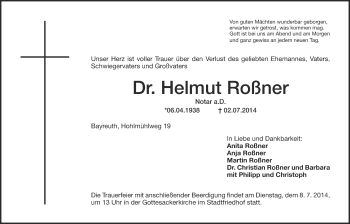 Anzeige von Helmut Roßner von Nordbayerischer Kurier