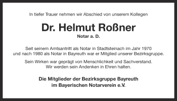 Anzeige von Helmut Roßner von Nordbayerischer Kurier
