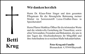 Anzeige von Betti Krug von Nordbayerischer Kurier
