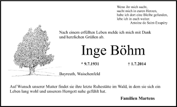 Anzeige von Inge Böhm von Nordbayerischer Kurier