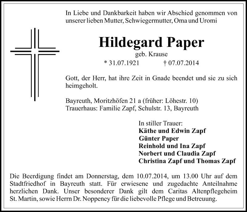  Traueranzeige für Hildegard Paper vom 09.07.2014 aus Nordbayerischer Kurier