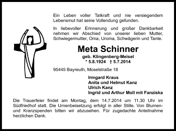 Anzeige von Meta Schinner von Nordbayerischer Kurier