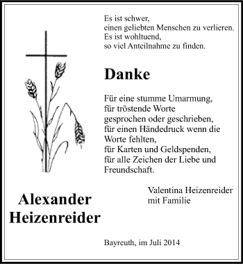 Anzeige von Alexander Heizenreider von Nordbayerischer Kurier