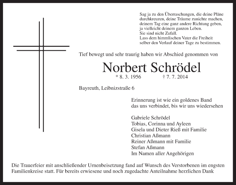  Traueranzeige für Norbert Schrödel vom 15.07.2014 aus Nordbayerischer Kurier