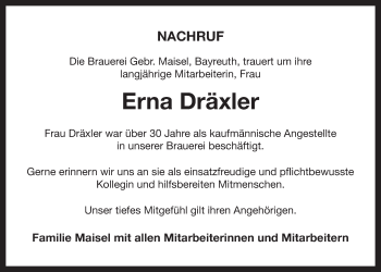 Anzeige von Erna Dräxler von Nordbayerischer Kurier