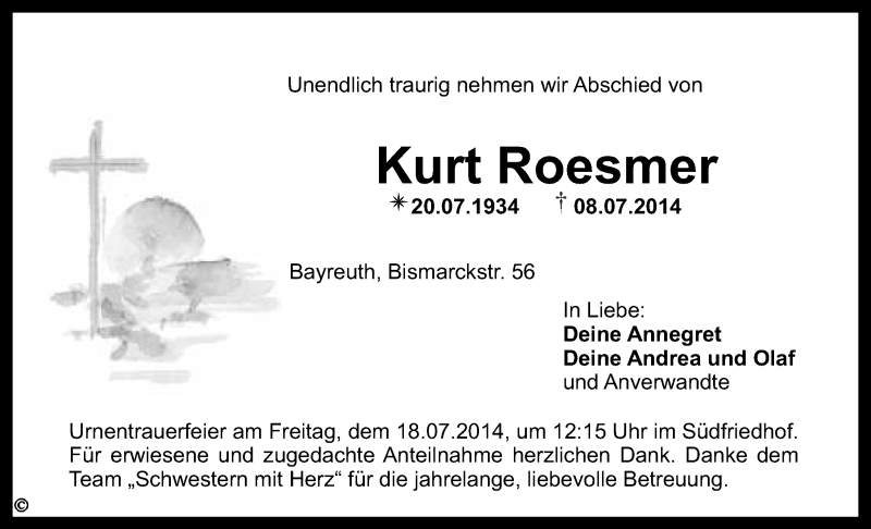  Traueranzeige für Kurt Roesmer vom 15.07.2014 aus Nordbayerischer Kurier