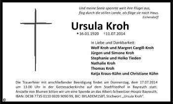 Anzeige von Ursula Kroh von Nordbayerischer Kurier