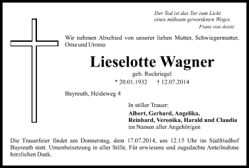 Anzeige von Lieselotte Wagner von Nordbayerischer Kurier
