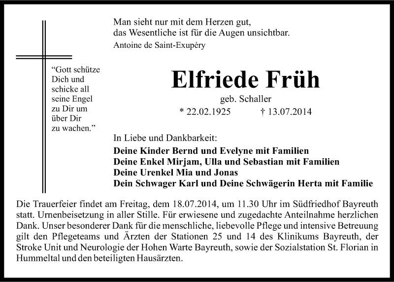  Traueranzeige für Elfriede Früh vom 16.07.2014 aus Nordbayerischer Kurier