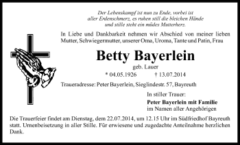 Anzeige von Betty Bayerlein von Nordbayerischer Kurier