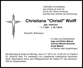 Anzeige von Christiana Wolff von Nordbayerischer Kurier