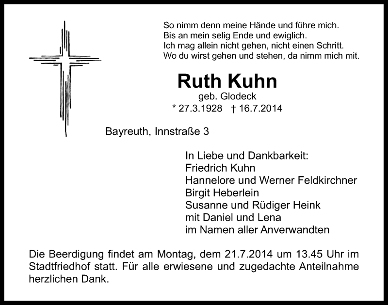  Traueranzeige für Ruth Kuhn vom 19.07.2014 aus Nordbayerischer Kurier