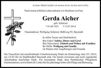 Anzeige von Gerda Aicher von Nordbayerischer Kurier