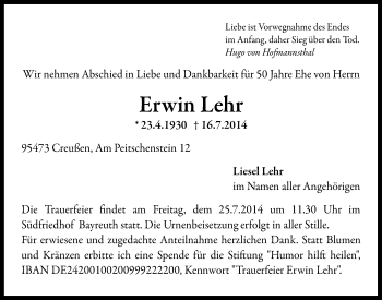 Anzeige von Erwin Lehr von Nordbayerischer Kurier