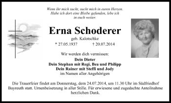 Anzeige von Erna Schoderer von Nordbayerischer Kurier