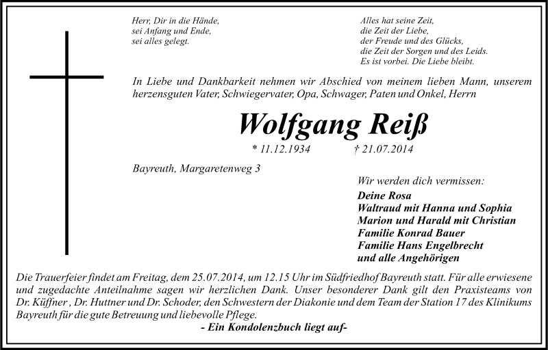  Traueranzeige für Wolfgang Reiß vom 23.07.2014 aus Nordbayerischer Kurier