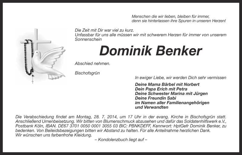  Traueranzeige für Dominik Benker vom 26.07.2014 aus Nordbayerischer Kurier