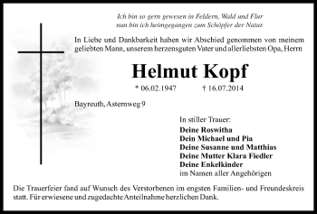 Anzeige von Helmut Kopf von Nordbayerischer Kurier