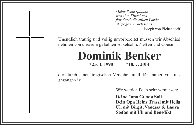  Traueranzeige für Dominik Benker vom 26.07.2014 aus Nordbayerischer Kurier