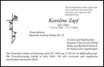 Anzeige von Karoline Zapf von Nordbayerischer Kurier