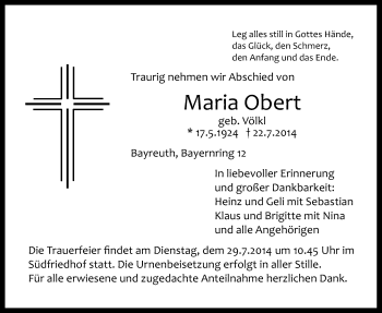Anzeige von Maria Obert von Nordbayerischer Kurier