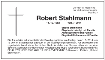 Anzeige von Robert Stahlmann  von Nordbayerischer Kurier