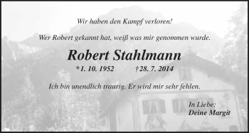 Anzeige von Robert Stahlmann  von Nordbayerischer Kurier