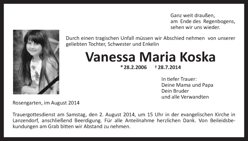  Traueranzeige für Vanessa Maria Koska vom 01.08.2014 aus Nordbayerischer Kurier