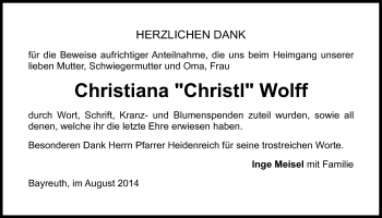 Anzeige von Christiana Wolff von Nordbayerischer Kurier
