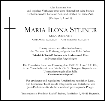 Anzeige von Maria Ilona Steiner von Nordbayerischer Kurier