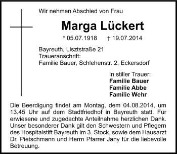 Anzeige von Marga Lückert von Nordbayerischer Kurier