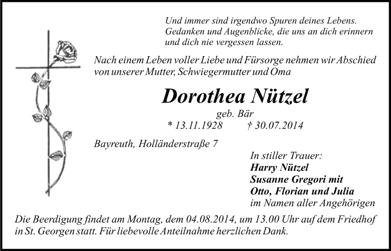  Traueranzeige für Dorothea Nützel vom 01.08.2014 aus Nordbayerischer Kurier