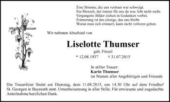 Anzeige von Liselotte Thumser von Nordbayerischer Kurier