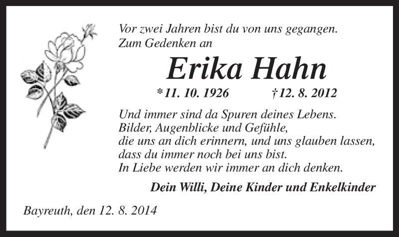  Traueranzeige für Erika Hahn vom 12.08.2014 aus Nordbayerischer Kurier