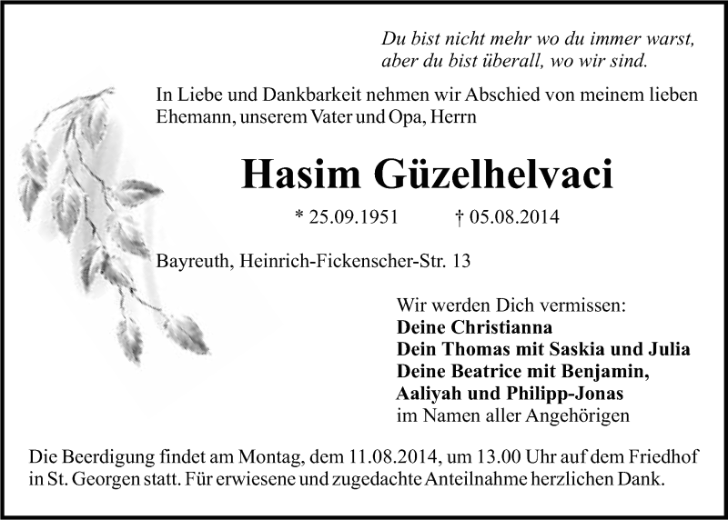  Traueranzeige für Hasim Güzelhelvaci vom 08.08.2014 aus Nordbayerischer Kurier