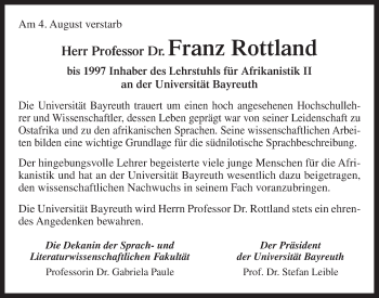 Anzeige von Franz Rottland von Nordbayerischer Kurier
