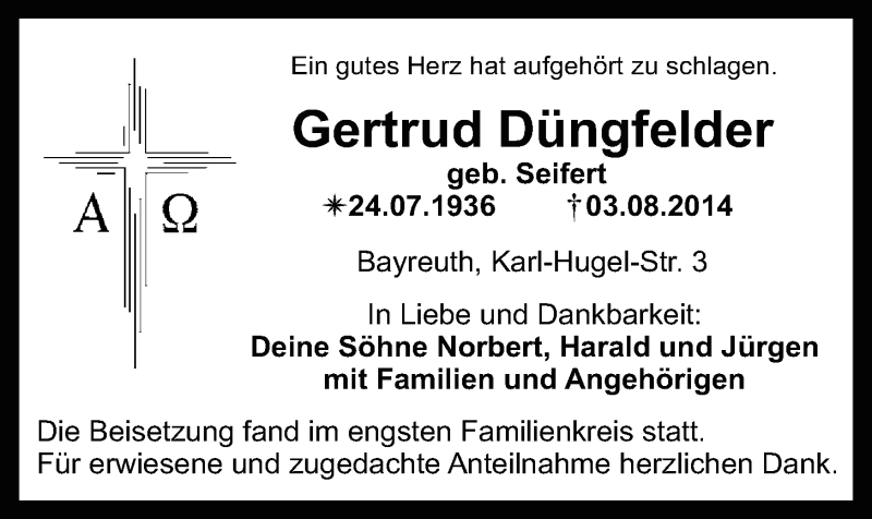  Traueranzeige für Gertrud Düngfelder vom 13.08.2014 aus Nordbayerischer Kurier