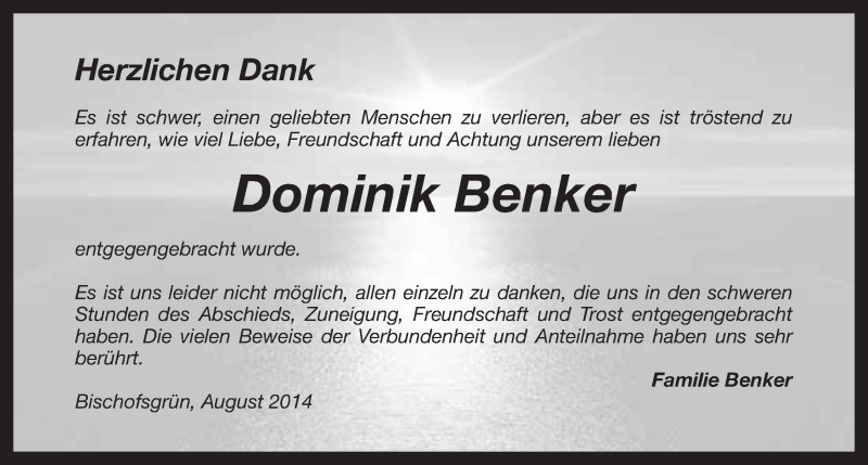  Traueranzeige für Dominik Benker vom 16.08.2014 aus Nordbayerischer Kurier