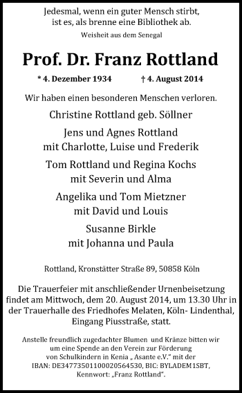 Anzeige von Franz Rottland von Nordbayerischer Kurier