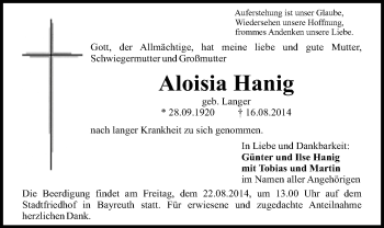 Anzeige von Aloisia Hanig von Nordbayerischer Kurier