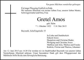 Anzeige von Gretel Amos von Nordbayerischer Kurier