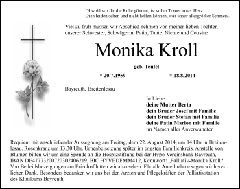 Anzeige von Monika Kroll von Nordbayerischer Kurier