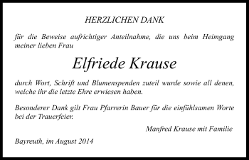 Anzeige von Elfriede Krause von Nordbayerischer Kurier