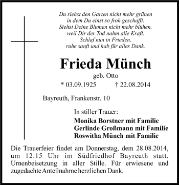 Anzeige von Frieda Münch von Nordbayerischer Kurier