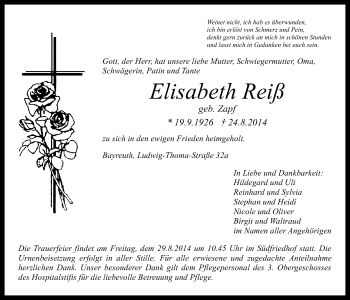 Anzeige von Elisabeth Reiß von Nordbayerischer Kurier