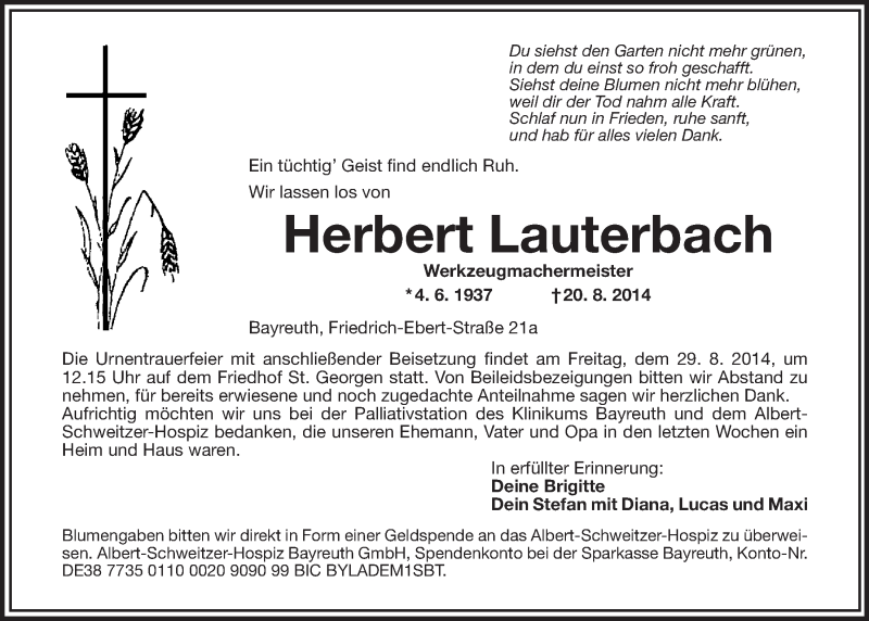 Traueranzeige für Herbert Lauterbach vom 27.08.2014 aus Nordbayerischer Kurier