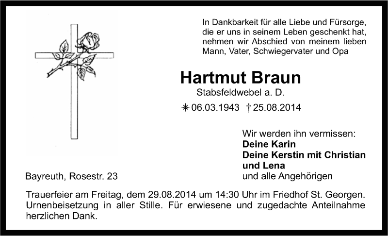  Traueranzeige für Hartmut Braun vom 27.08.2014 aus Nordbayerischer Kurier